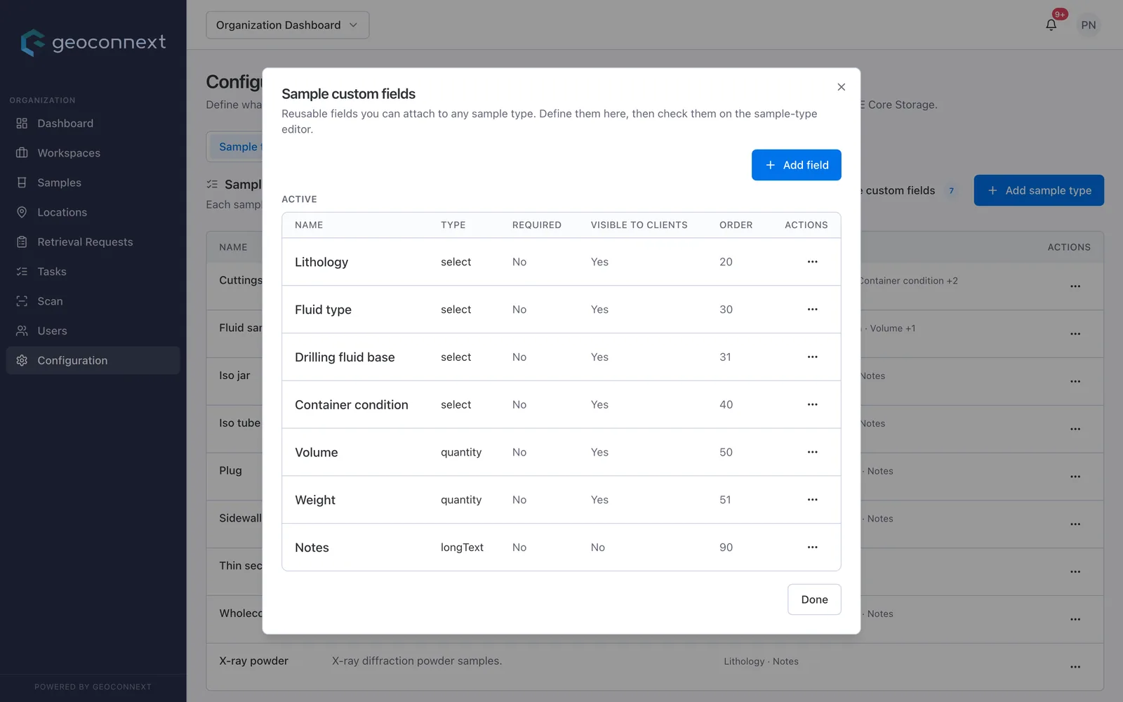 Custom fields with their type, whether they are required, and whether client users can see them.