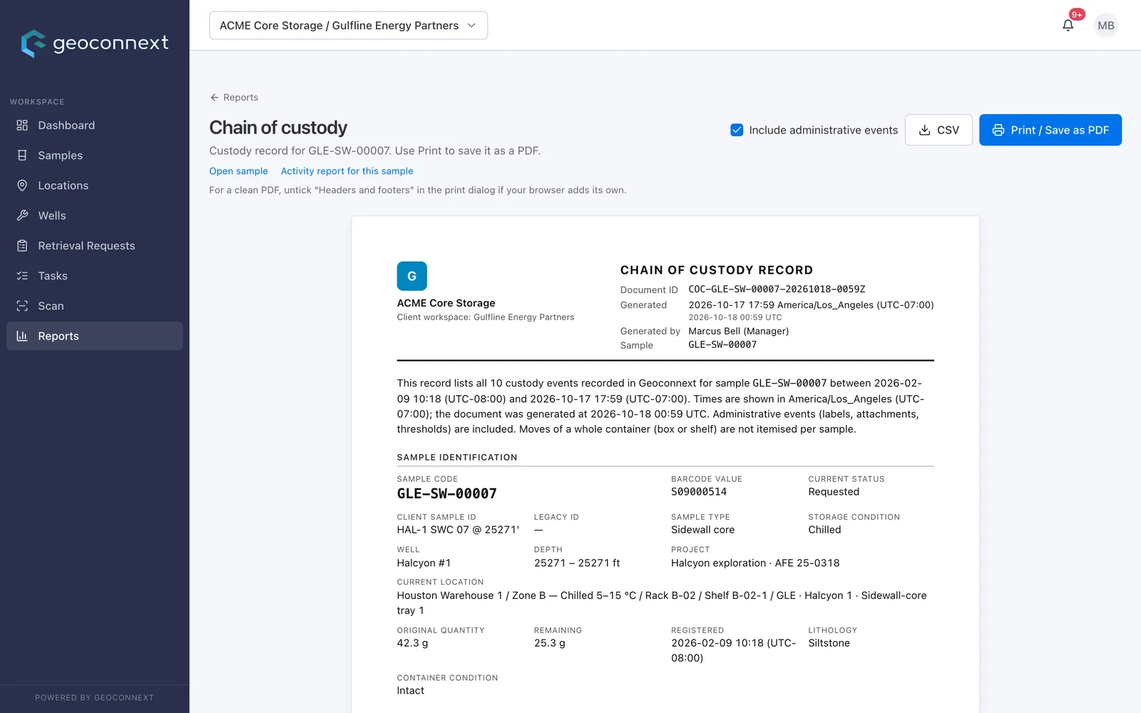 A printable chain-of-custody record with a document ID, ready to print or save as PDF.