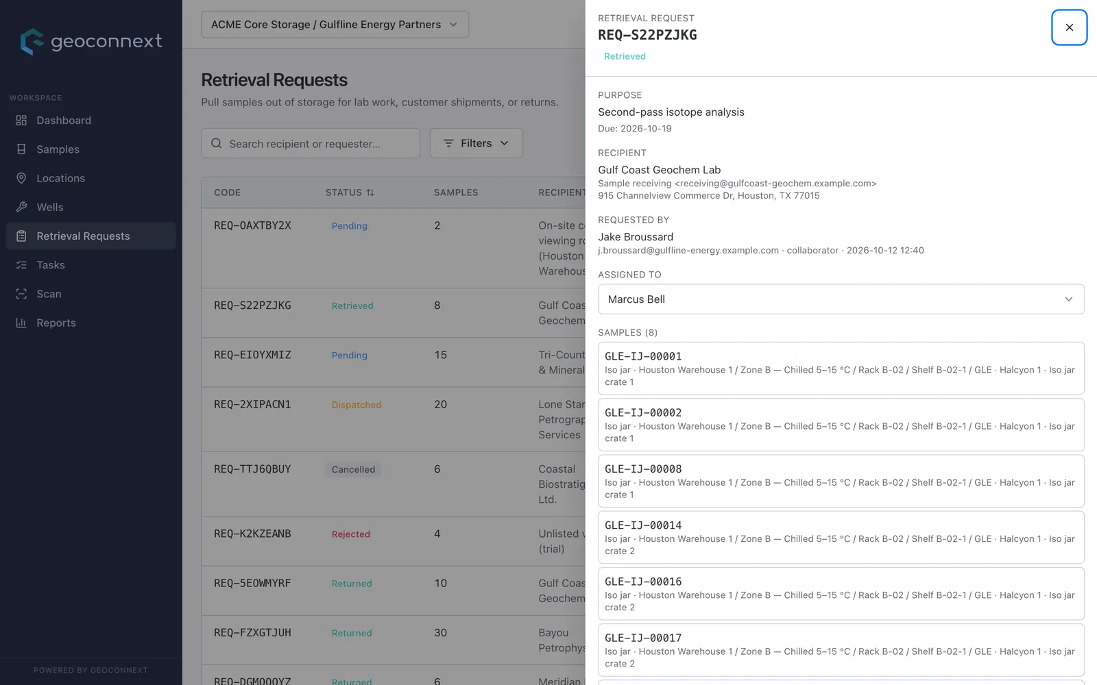 A retrieval request as the warehouse manager sees it: recipient lab, requesting client user and assignee.