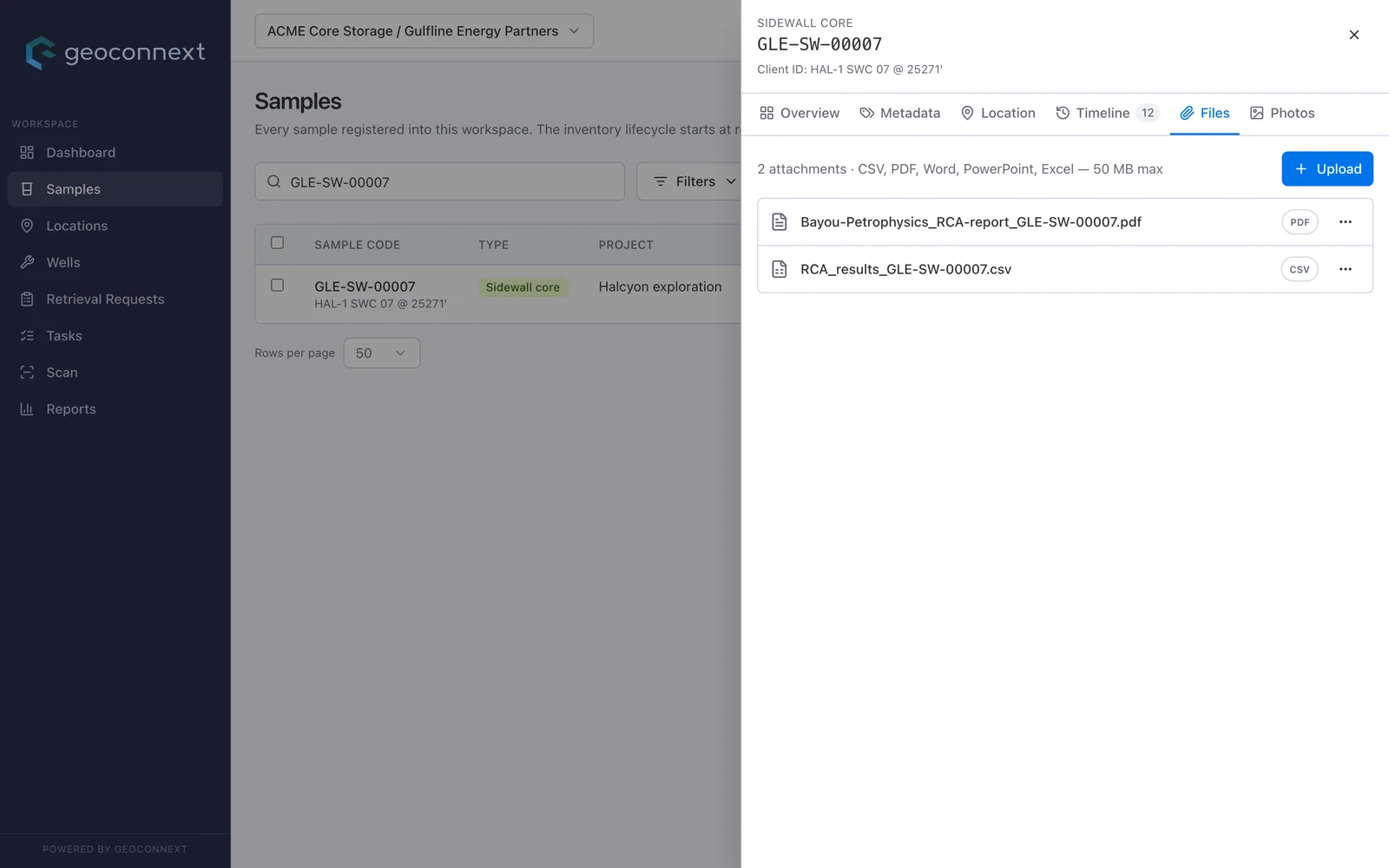 A sidewall core's Files tab with a lab report PDF and a results CSV attached.