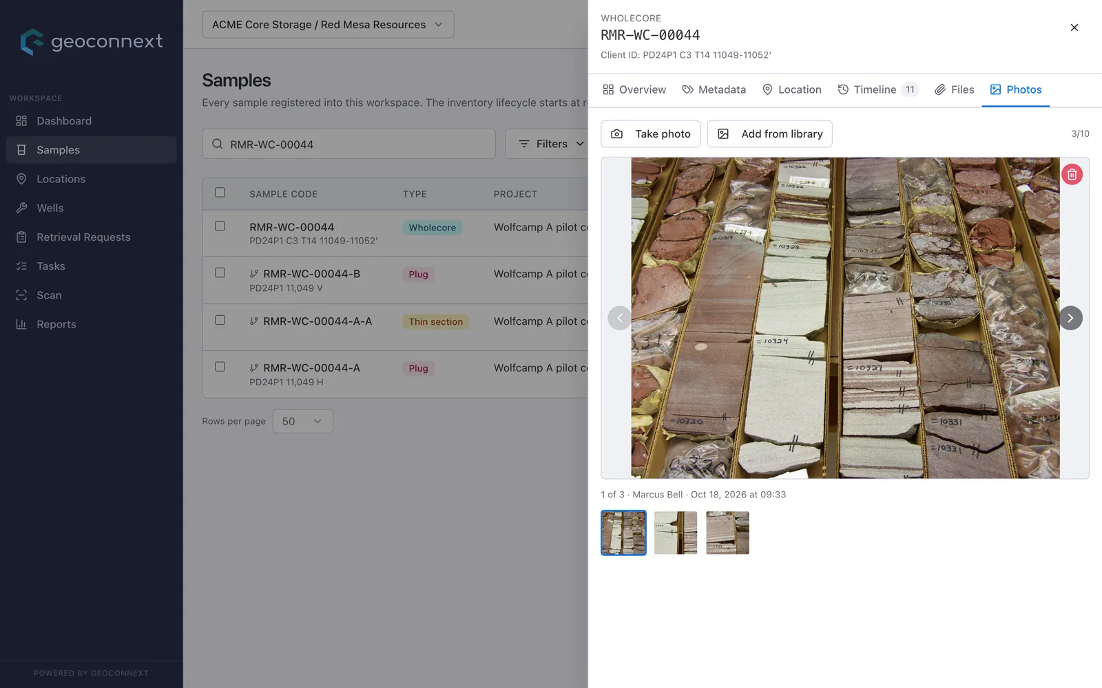 A whole-core sample's Photos tab: three photos of slabbed core, taken or added from the library.