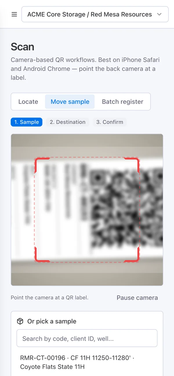Step 1 on a phone: the camera aimed at a cuttings sample's QR label.
