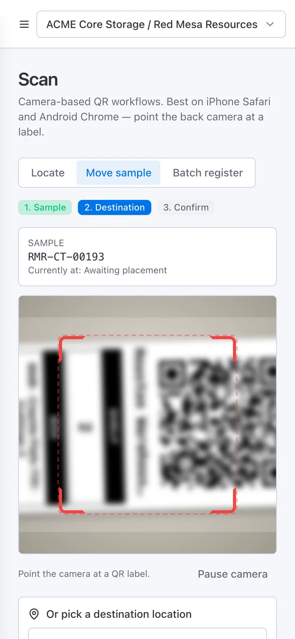Step 2: sample RMR-CT-00193 identified, camera aimed at the destination box label.