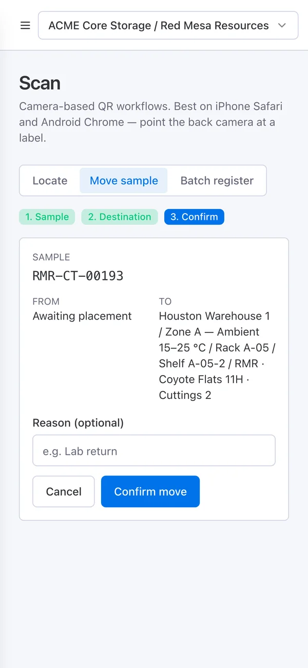 Geoconnext on a phone confirming a scanned sample's move onto its shelf.